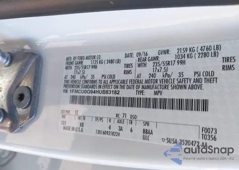 2017 Ford Escape Se из США, поврежденный, VIN 1FMCU0G94HUB83182